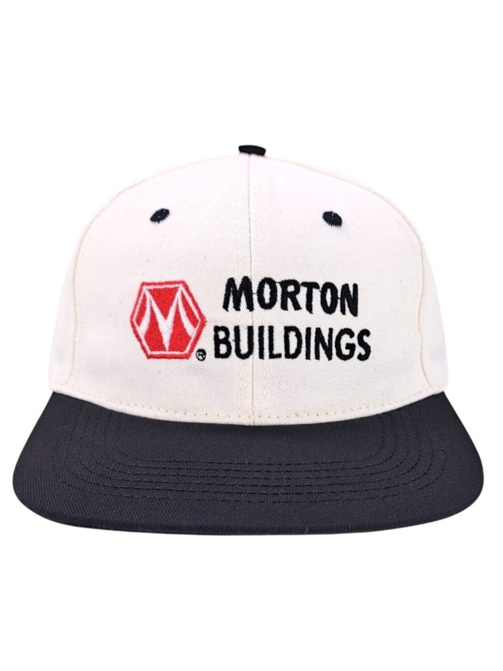 Vintage Morton Building Hat Embroidered Logo Adjustable Baseball Cap White Black